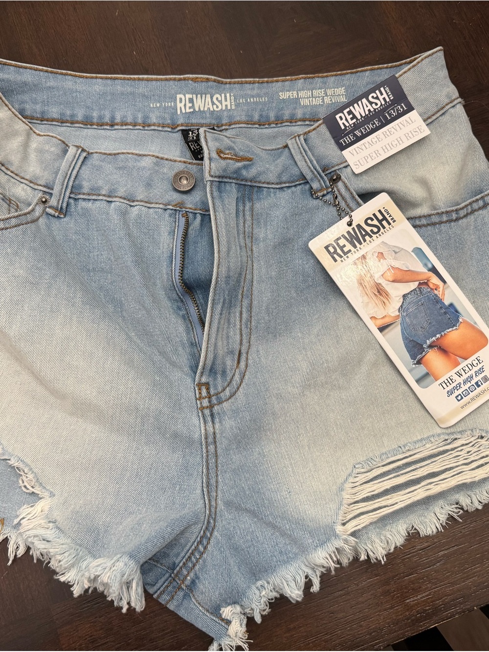 Rewash Light Blue High-Rise Denim Wedge Shorts